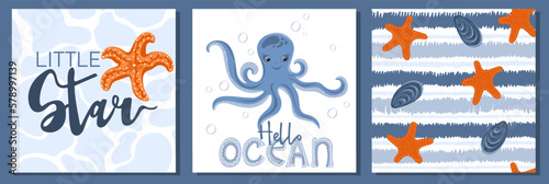 Hello ocean. Sea cards and posters collection. Hand drawn doodle octopus and starfishes. Ideal for greeting cards, t-shirts design, decor. Vector illustration © Logvin art