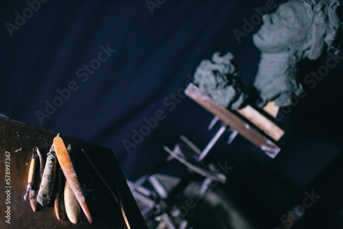 Tools sculptor for create sculpt bust clay human sculpture. Statue craft creation workshop.