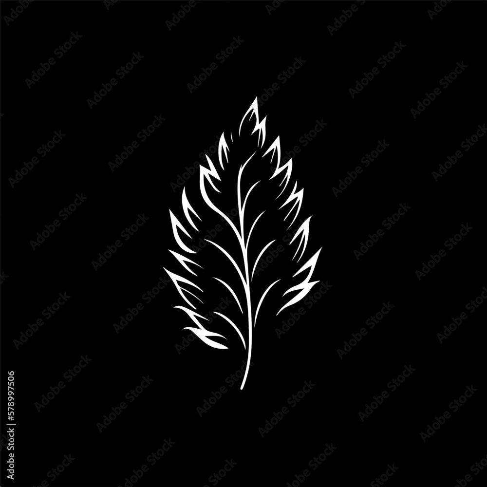 Minimalistic logo template, white icon of leaf silhouette on black background, modern logotype concept for business identity, t-shirts print, tattoo. Vector illustration Minimalistic logo template, white icon of leaf silhouette on black background, modern logotype concept for business identity, t-shirts print, tattoo. Vector illustration