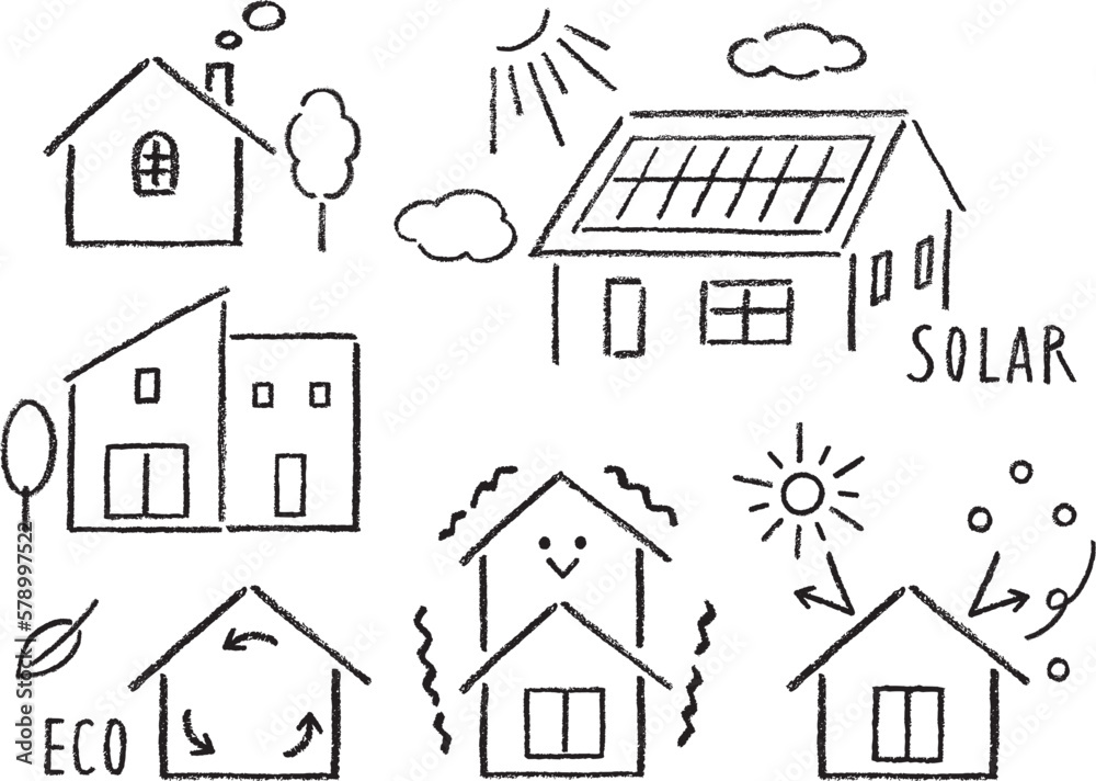 太陽光パネルや耐震断熱エコ住宅のアイコン鉛筆画