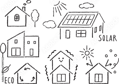太陽光パネルや耐震断熱エコ住宅のアイコン鉛筆画