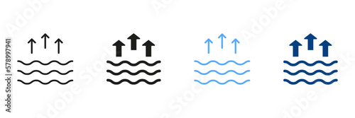 High Tide Silhouette and Line Icon Set. Waves on the Sea or Ocean Black and Color Symbol Collection. Isolated Vector Illustration