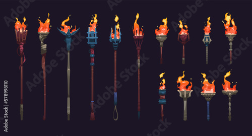 Cartoon burning torch. Sprite animation frame collection of medieval burning fire fire blaze sequence, flame on metal wood sticks for game asset. Vector set