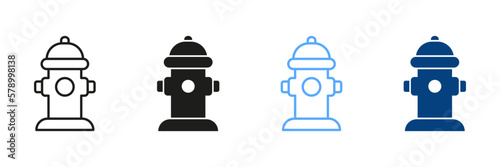 Fire Hydrant Silhouette and Line Icon Set. Fire Extinguishing Hydrant Black and Color Sign Collection. Isolated Vector Illustration