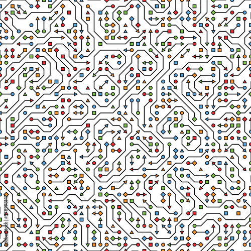 Seamless pattern resembling circuit boards or flowchart diagrams.