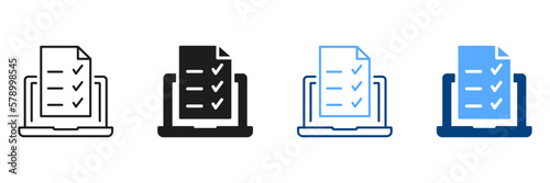 Online Exam, Taking Tests, Questionnaires, Checklist on Device Screen. Laptop with Online Form Survey Silhouette and Line Icon Set. Online Education and Elearning Signs. Isolated Vector Illustration