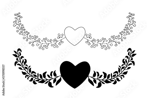 Branch, border black contour, wreath or border, elegant decoration in doodle style isolated on white background. 