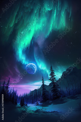 Aurora Borealis Night Sky Background with Moon. Generate by ai