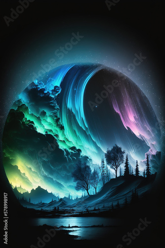 Aurora Borealis Night Sky Background with Moon. Generate by ai
