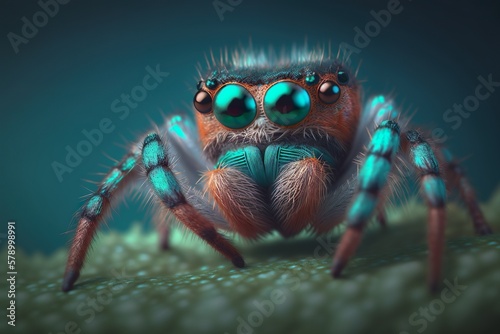 Blue jumping spider. Close up portrait. Generative AI