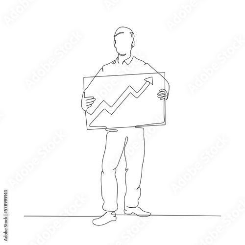 businessman presenting while standing holding a graph board, continuous lineart 