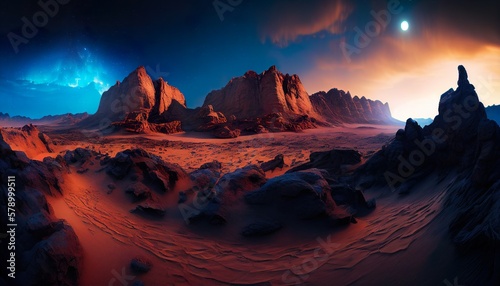 A panoramic landscape of the Martian terrain with a glowing aurora in the sky