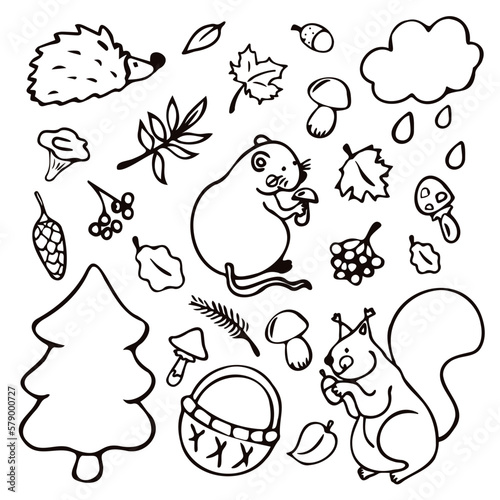 Cute hand drawn doodle vector set with animals and plants.