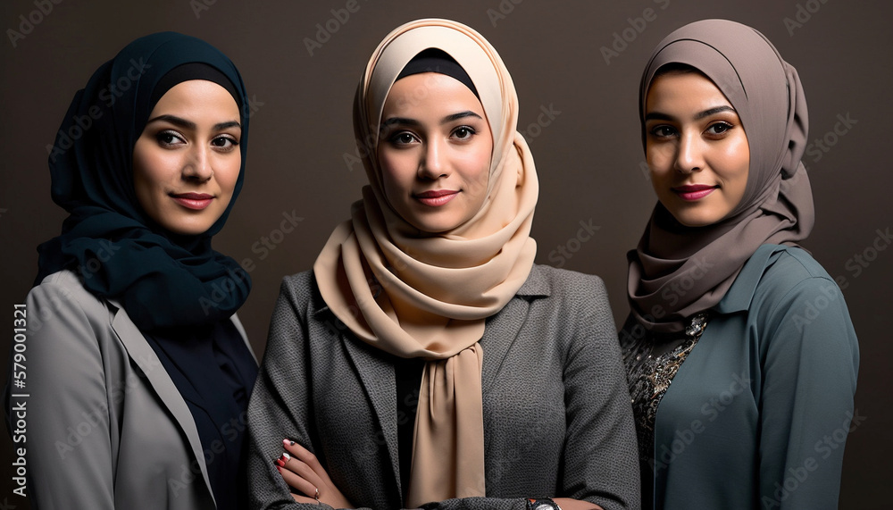 Portrait of 3 beautiful Arab woman smiling looking at the camera indoors . IA Generative