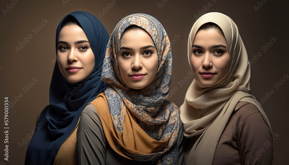 Portrait of 3 beautiful Arab woman smiling looking at the camera indoors . IA Generative