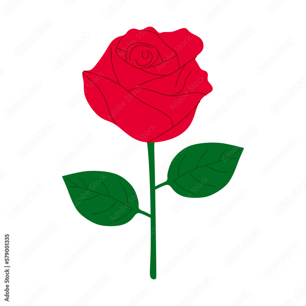 Obraz premium Rose flower flat illustration isolated on white background. Single colorful rose flower. Vector illustration