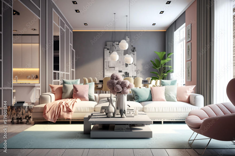 Fototapeta premium Contemporary living room with pastel tones color. Generative AI design