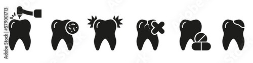 Dental Procedure Silhouette Icon Set. Orthodontic Care, Tooth with Caries Glyph Pictogram. Dental Treatment Solid Sign. Tooth Drilling, Cracked Teeth. Dentistry Symbol. Isolated Vector Illustration