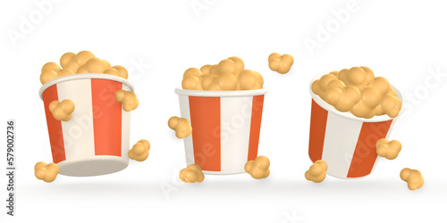 3d realistic pop corn in bucket container in plastic cartoon style. Vector illustration