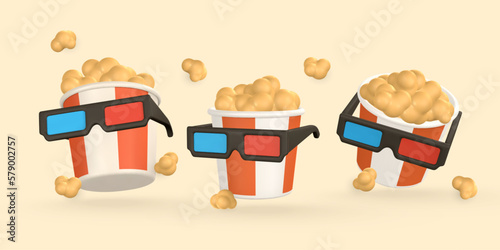 3d realistic pop corn bucket container with glasses for watching movies in plastic cartoon style. Vector illustration