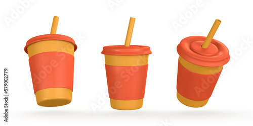 3d realistic paper cup with drinking straw. Glass for soda, juice, coffee, tea in cartoon style. Vector illustration