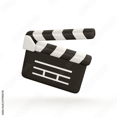 3d realistic Clapperboard. Movie clapper board in plastic cartoon style. Vector illustration
