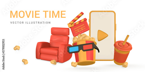 Movie time poster. Banner with phone, clapperboard, bucket of popcorn, armchair, 3d glasses and paper cup. Vector illustration
