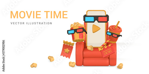 Movie time poster. Banner with phone, bucket of popcorn, armchair,  ticket, 3d glasses and paper cup. Vector illustration