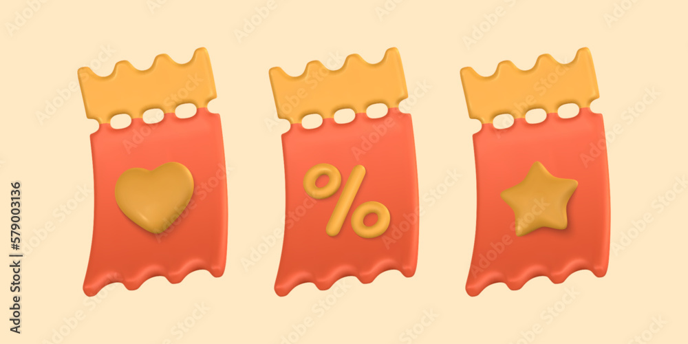 3d realistic paper ticket or coupon in plastic cartoon style. Vector illustration 3d realistic paper ticket or coupon in plastic cartoon style. Vector illustration
