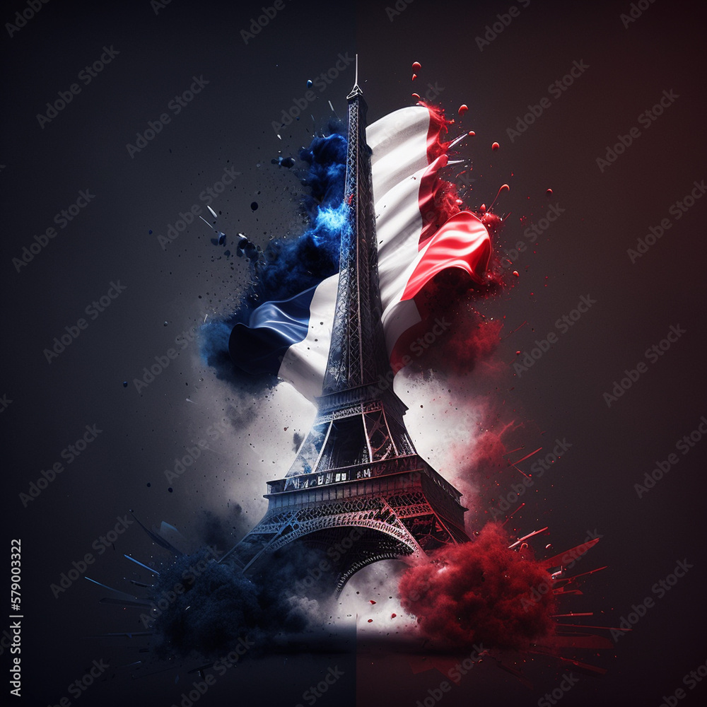 Fourteenth of July celebration with French flag colors, fireworks and eiffel tower created with Generative AI technology  - obrazy, fototapety, plakaty 
