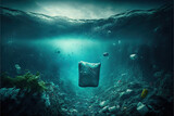 Ilustración de una imagen de debajo del mar donde se aprecia la basura acumulada. concepto sostenibilidad del planeta tierra. Generative AI
