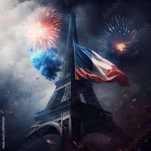 Fourteenth of July celebration with French flag colors, fireworks and eiffel tower created with Generative AI technology  photo