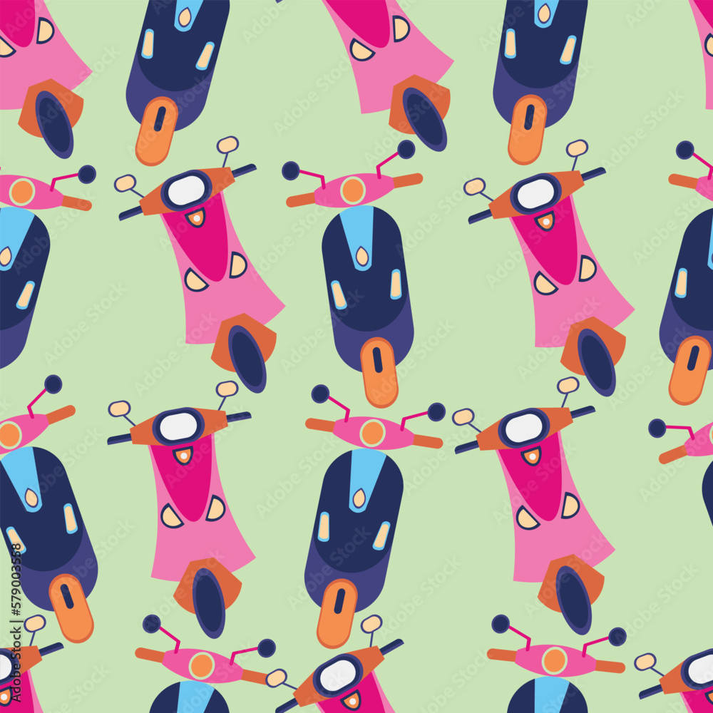 Scooty Kids Seamless Repeat Pattern Pink and Blue toy scooter on light green background for babies fabric, kids clothing, kids bedding, kids wallpaper, covers and cards 