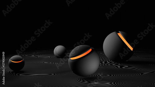 Orange stripe ball on black white wavy cleft ground (3D Rendering)