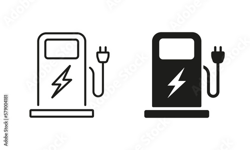 Electric Station for Vehicle Car Line and Silhouette Icon Set. Charger with Plug for Electrical Power Auto Symbols. Charge Station for Green Energy Automobile. Isolated Vector Illustration