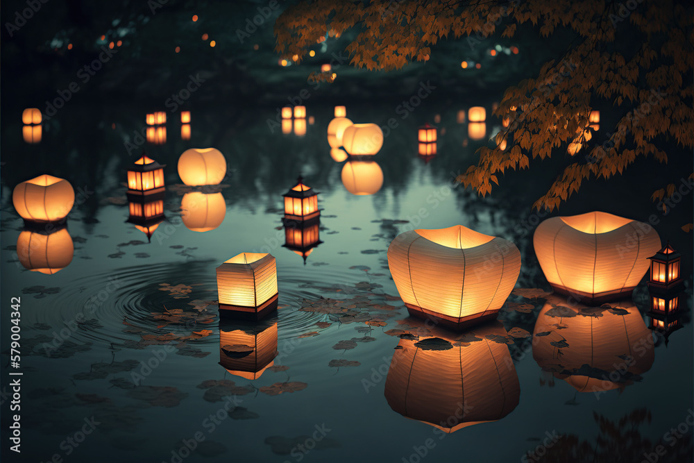 Ilustración de unos farolillos de papel con luz en medio de un lago de  noche. Generative AI Stock Illustration