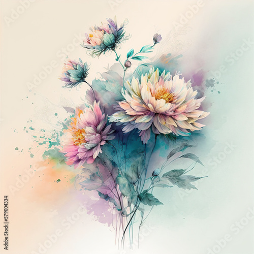 Ilustración de flores pintadas en acuarela con colores pastel. Generative AI