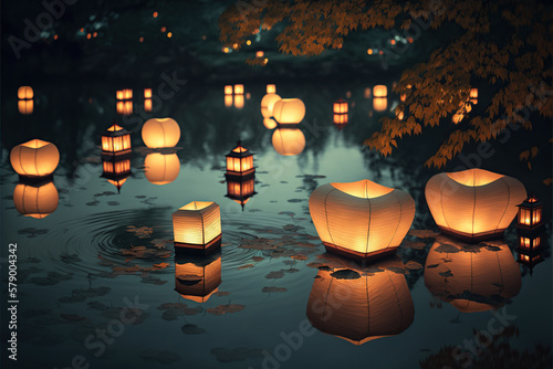 Stampa su tela Ilustración de unos farolillos de papel con luz en medio de un lago de noche