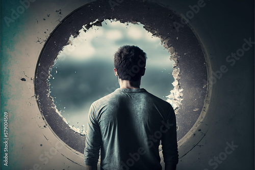 Ilustración de un hombre en primer plano de espaldas asomado a un agujero redondo mirando a lo lejos. Concepto depresión, reflexión, pensamiento. Generative AI