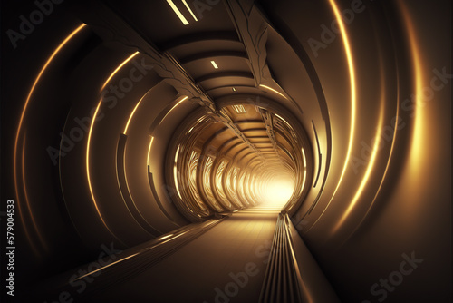 Ilustración de un gran pasillo tubular moderno con una gran luz al fondo. Generative AI