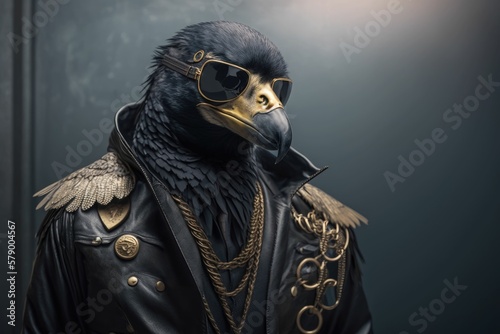 Portrait of a black crow in a fancy black coat wearing sunglasses. Generative AI. photo