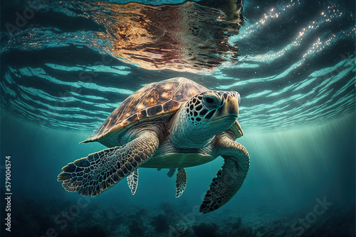 Ilustración de una gran tortuga vista desde debajo del agua a través de unas aguas azules muy cristalinas. Generative AI