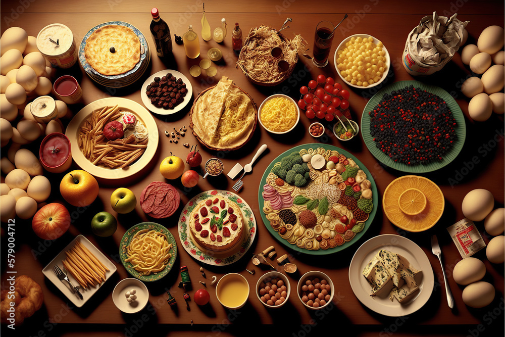 Ilustración de una mesa vista cenital llena de plastos y de alimentos. Concepto dieta, salud, alimentación. Generative AI Ilustración de una mesa vista cenital llena de plastos y de alimentos. Concepto dieta, salud, alimentación. Generative AI