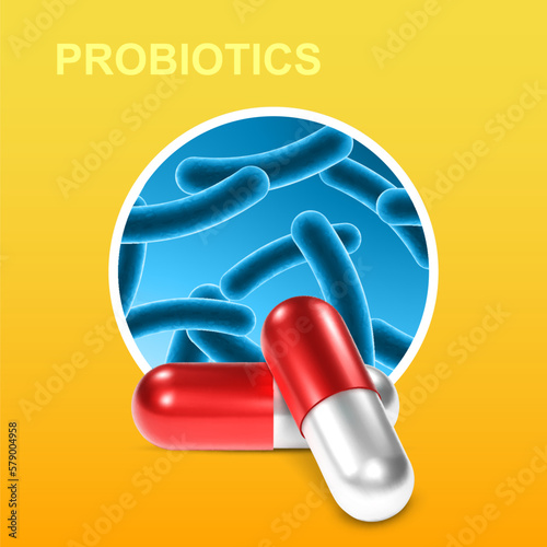 Medicine background. Science background. Probiotic background. Microbiome elements with medical pills. Human health background. EPS10 vector