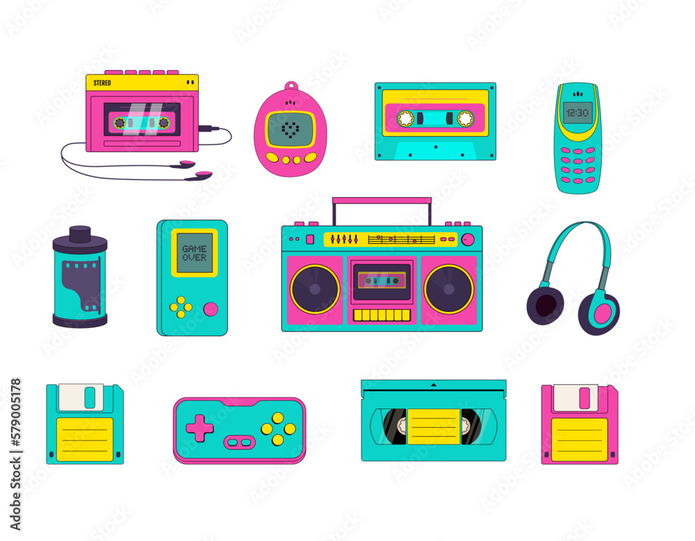 Vetor de Set of 90s elements in modern style. Oldfashioned Audio