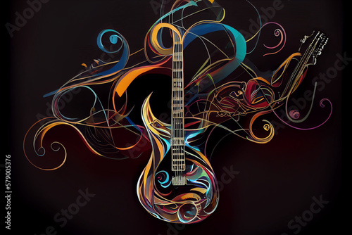 Music electric guitar arabesque ornament decorated, horizontal black background with copy space for rock band concert festival banner. Generative AI