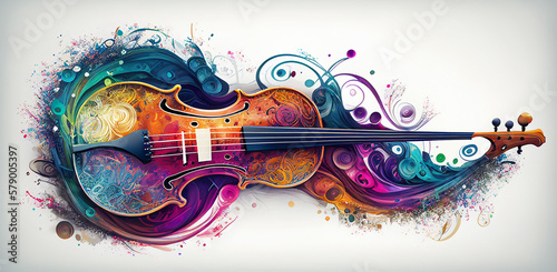 Music violin orchestra colorful ornament, horizontal white background classical music concert banner. Generative AI