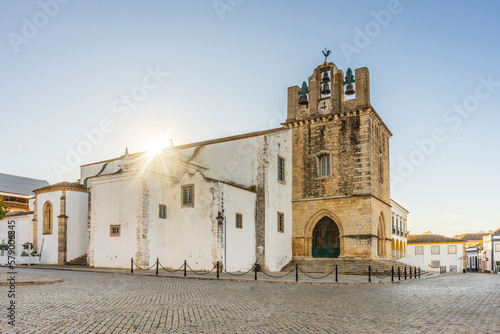 Downtown of Faro with Cathedral of Se in the morning, Algarve, Portugal