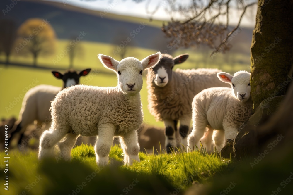 Fototapeta premium Spring lambs in countryside in the sunshine. AI Generation