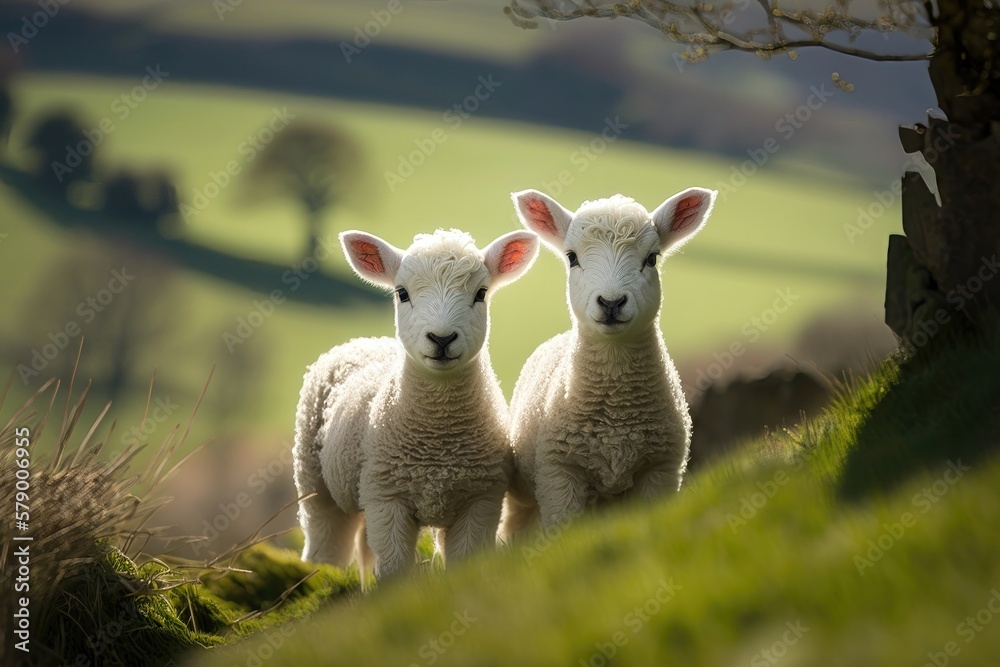 Spring lambs in countryside in the sunshine. AI Generation Spring lambs in countryside in the sunshine. AI Generation